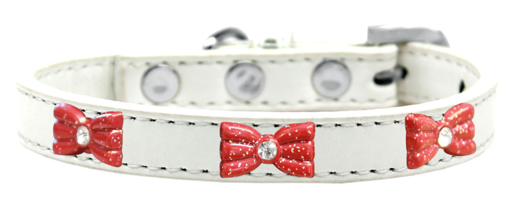 Red Glitter Bow Widget Dog Collar White Size 14